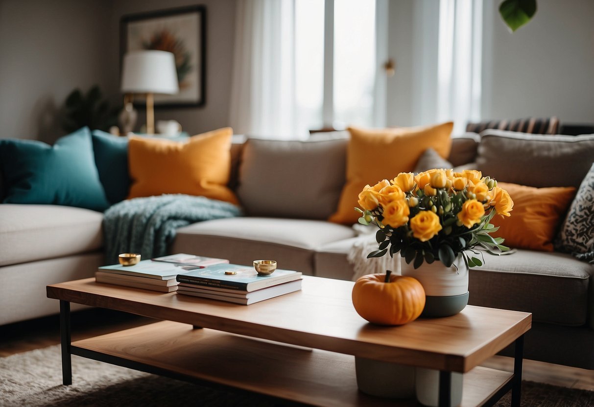 A cozy living room with a mix of warm and cool tones, featuring pops of vibrant colors in the form of throw pillows, artwork, and accent pieces