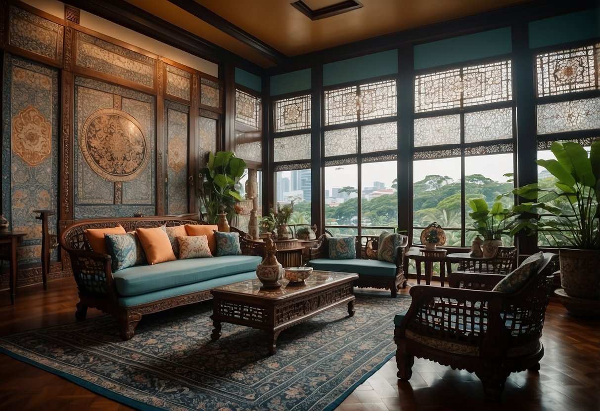 A living room with traditional Peranakan tiles, batik prints, and intricate woodcarvings, showcasing Singapore's rich art and culture