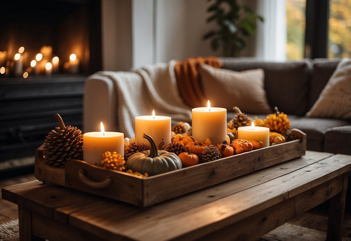 A cozy living room with warm-toned throw blankets, a rustic wooden coffee table adorned with pumpkins and candles, and a mantle decorated with autumn foliage and string lights