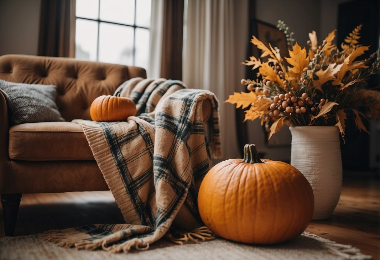 A cozy living room with a plaid throw draped over a wooden armchair, surrounded by fall decor like pumpkins and leaves