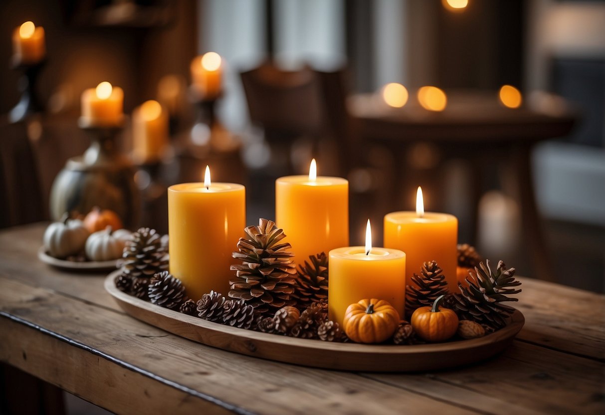 A cozy autumn scene with wooden serving trays adorned with pumpkins, pinecones, and candles, set on a rustic table with a warm, inviting ambiance