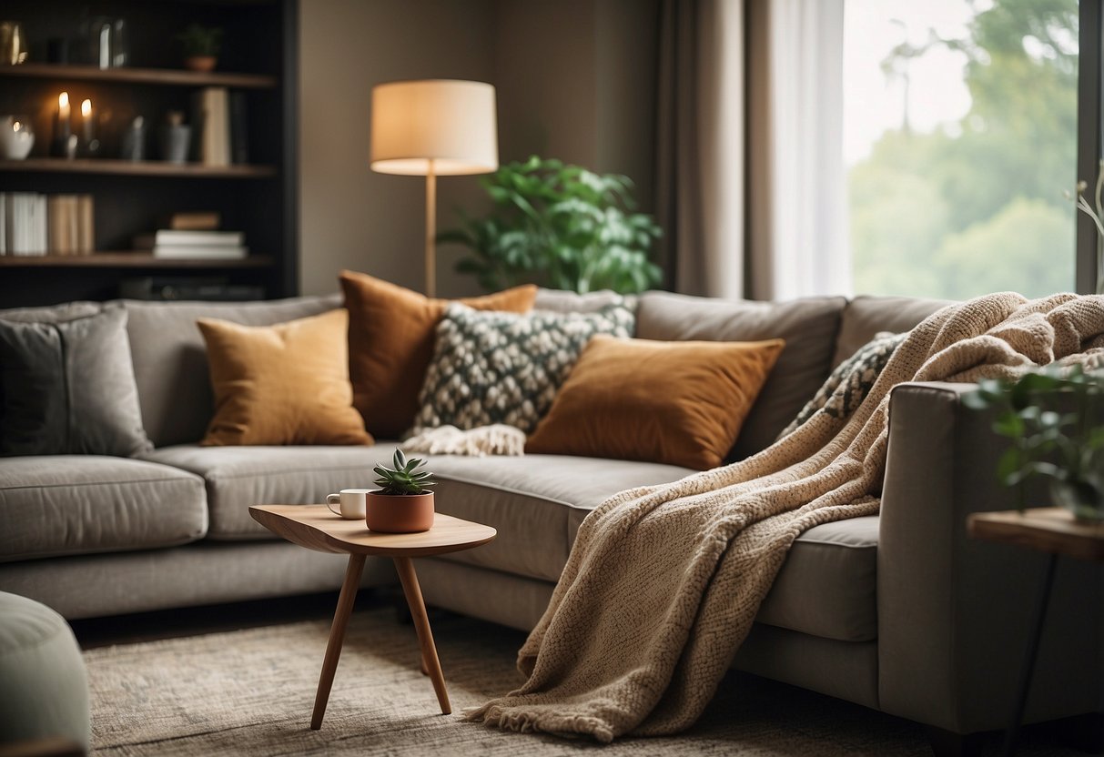 A cozy living room with warm-toned textiles, including plush blankets and throw pillows, arranged on a comfortable sofa and armchair. A soft, textured rug adds to the inviting atmosphere