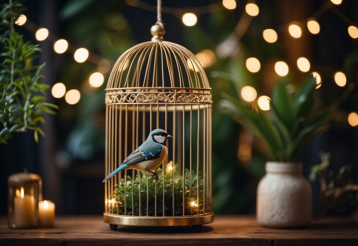 A birdcage hangs from a rustic wooden stand, adorned with greenery and fairy lights. The cage is open, with a small bird perched on the edge