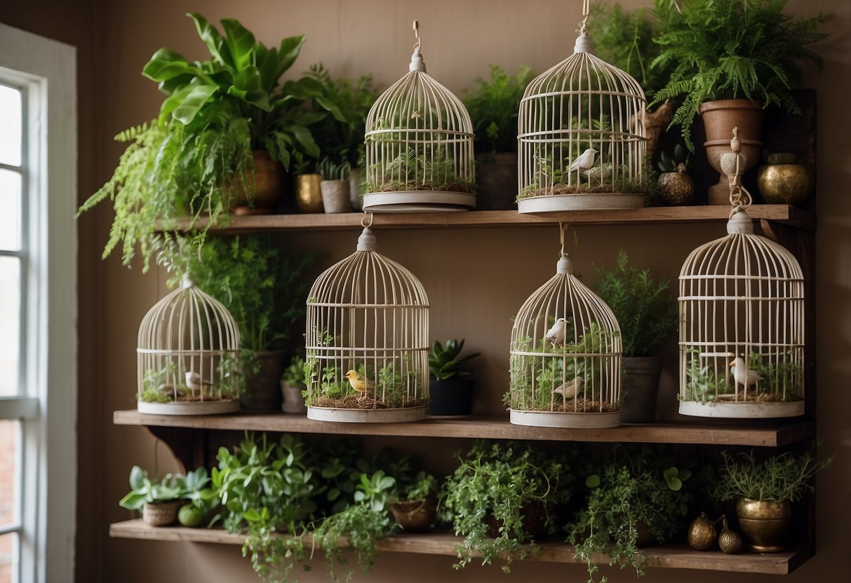 A bird cage shelf hangs on a wall, filled with ornamental bird cages and greenery, creating a unique home decor display