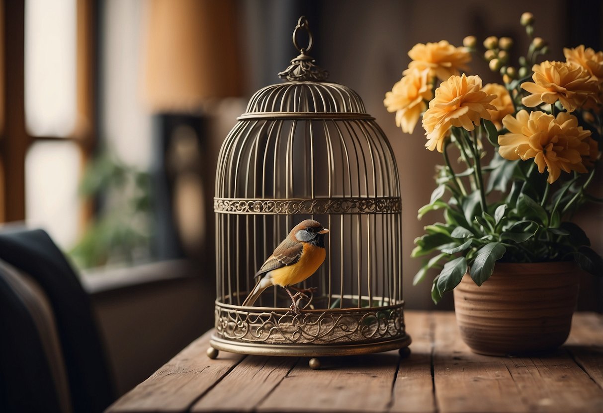 A bird cage picture frame hangs on a rustic wall, surrounded by vintage home decor