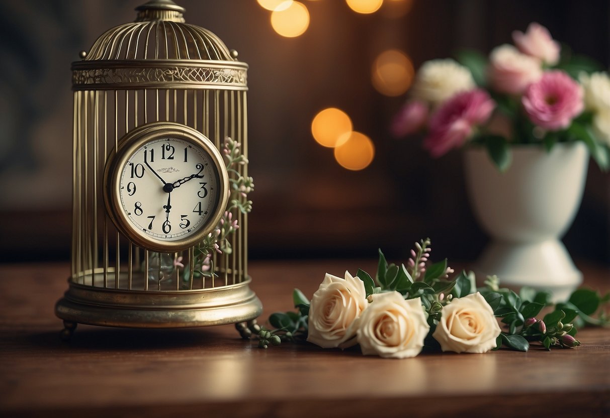 A decorative bird cage clock hangs on a wall, surrounded by floral accents and vintage decor