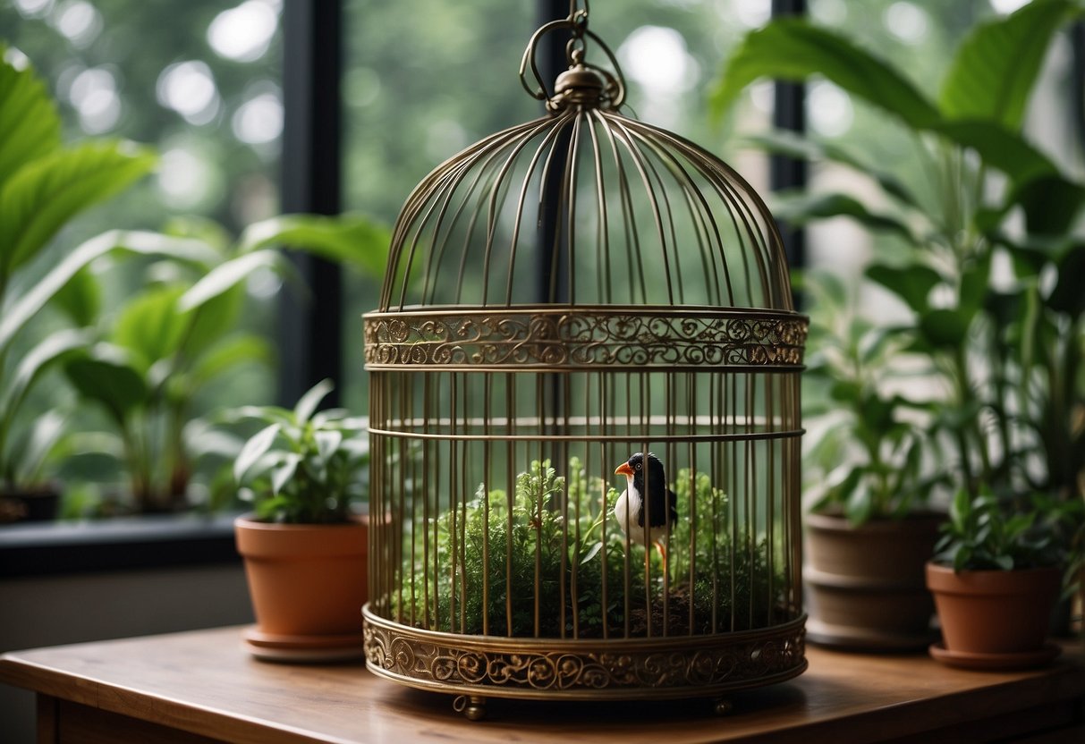 A bird cage sits on a table, surrounded by lush green plants. The cage is open, inviting the viewer to imagine a small bird living inside