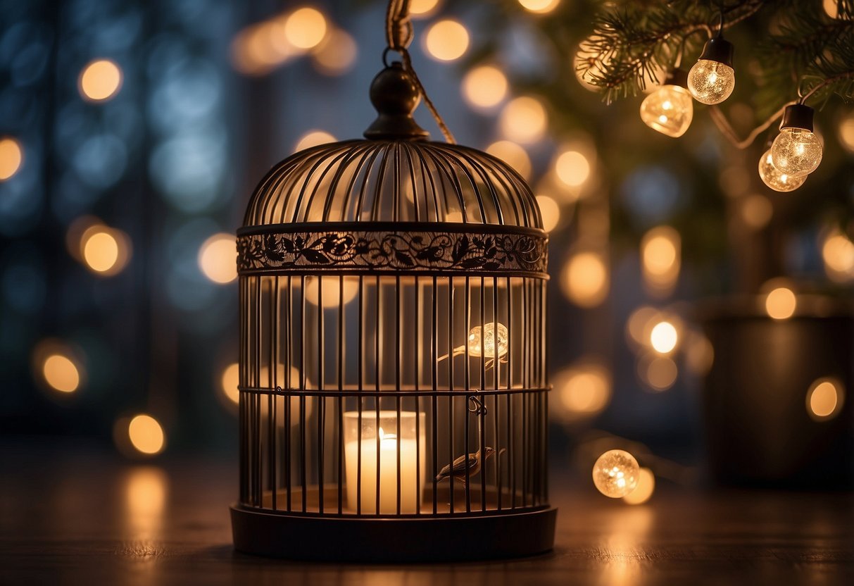 Fairy lights illuminate a bird cage, casting a warm glow. The cage is adorned with delicate decorations, creating a cozy and enchanting home decor idea