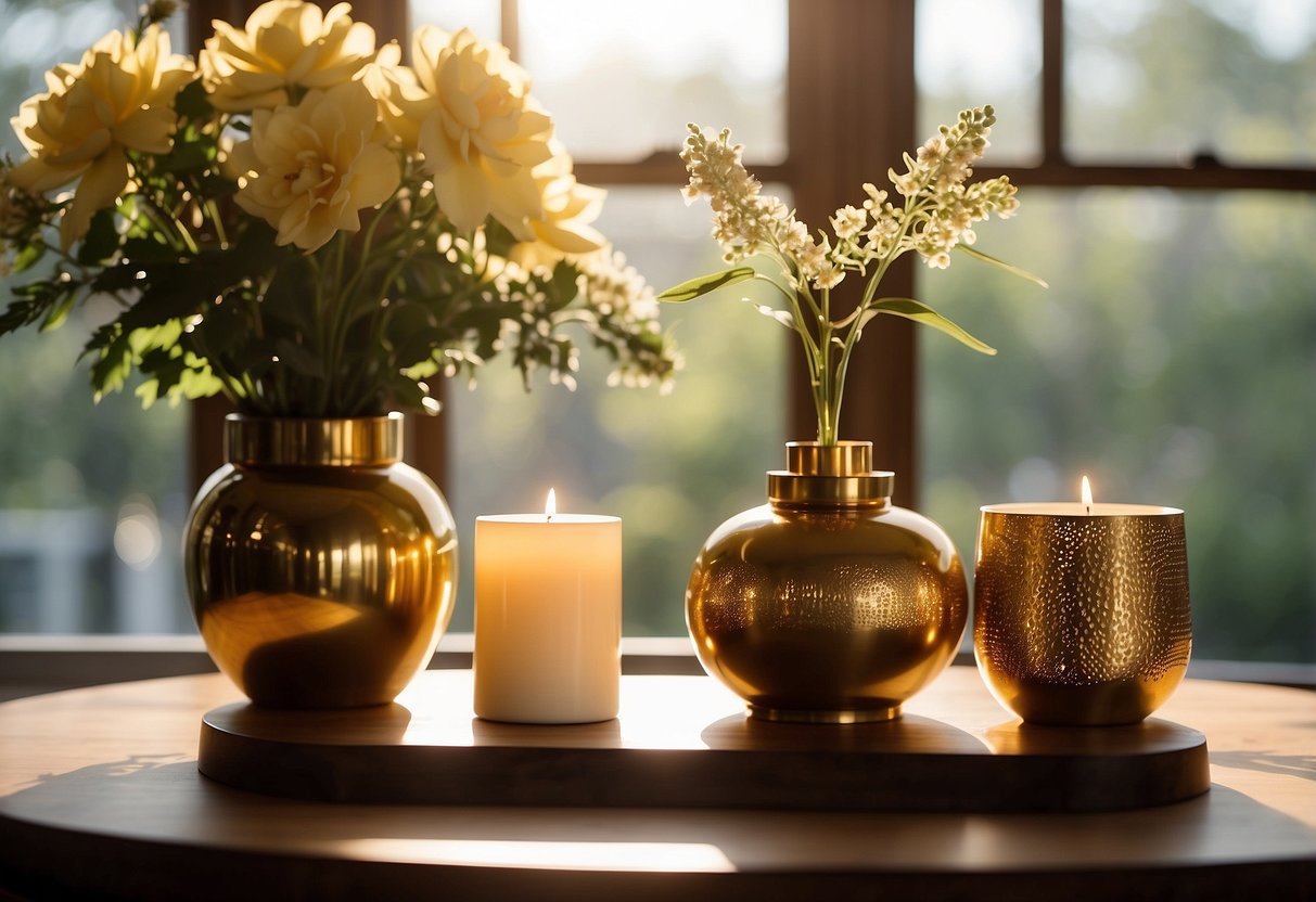 A living room with brass vases, candle holders, and picture frames on a wooden coffee table. Sunlight filters through the window, casting a warm glow on the shiny brass decor