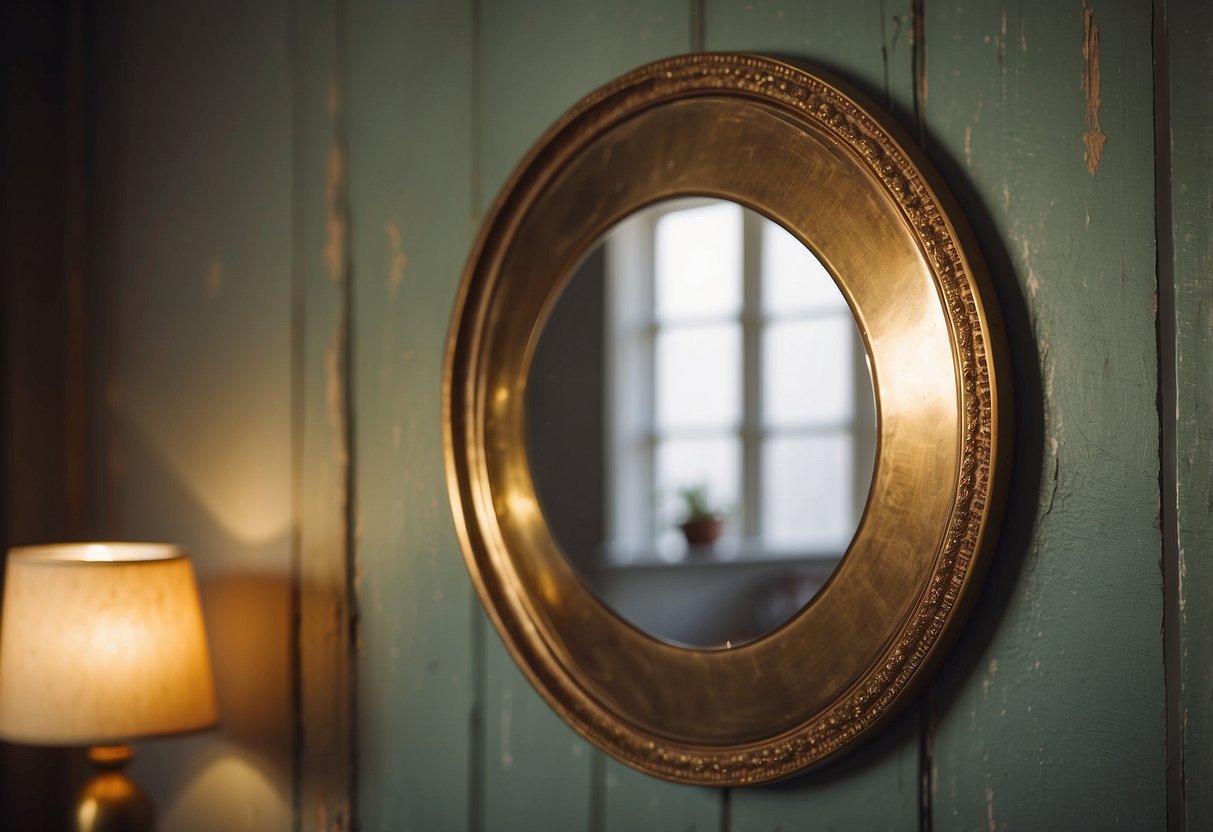 A vintage brass mirror hangs on a weathered wall, reflecting the warm glow of a cozy home interior