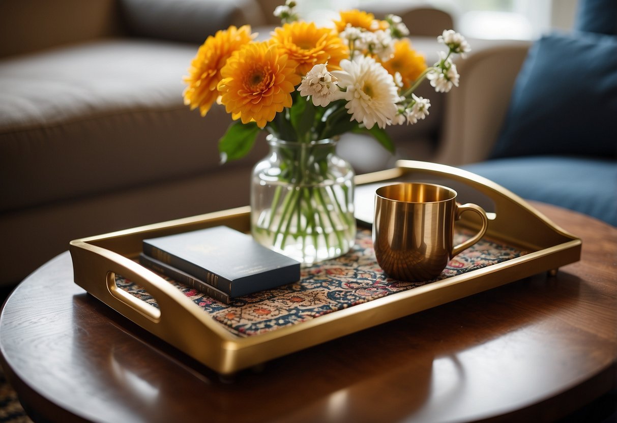 A brass tray table sits on a patterned rug in a cozy living room, adorned with a small vase of fresh flowers and a stack of books