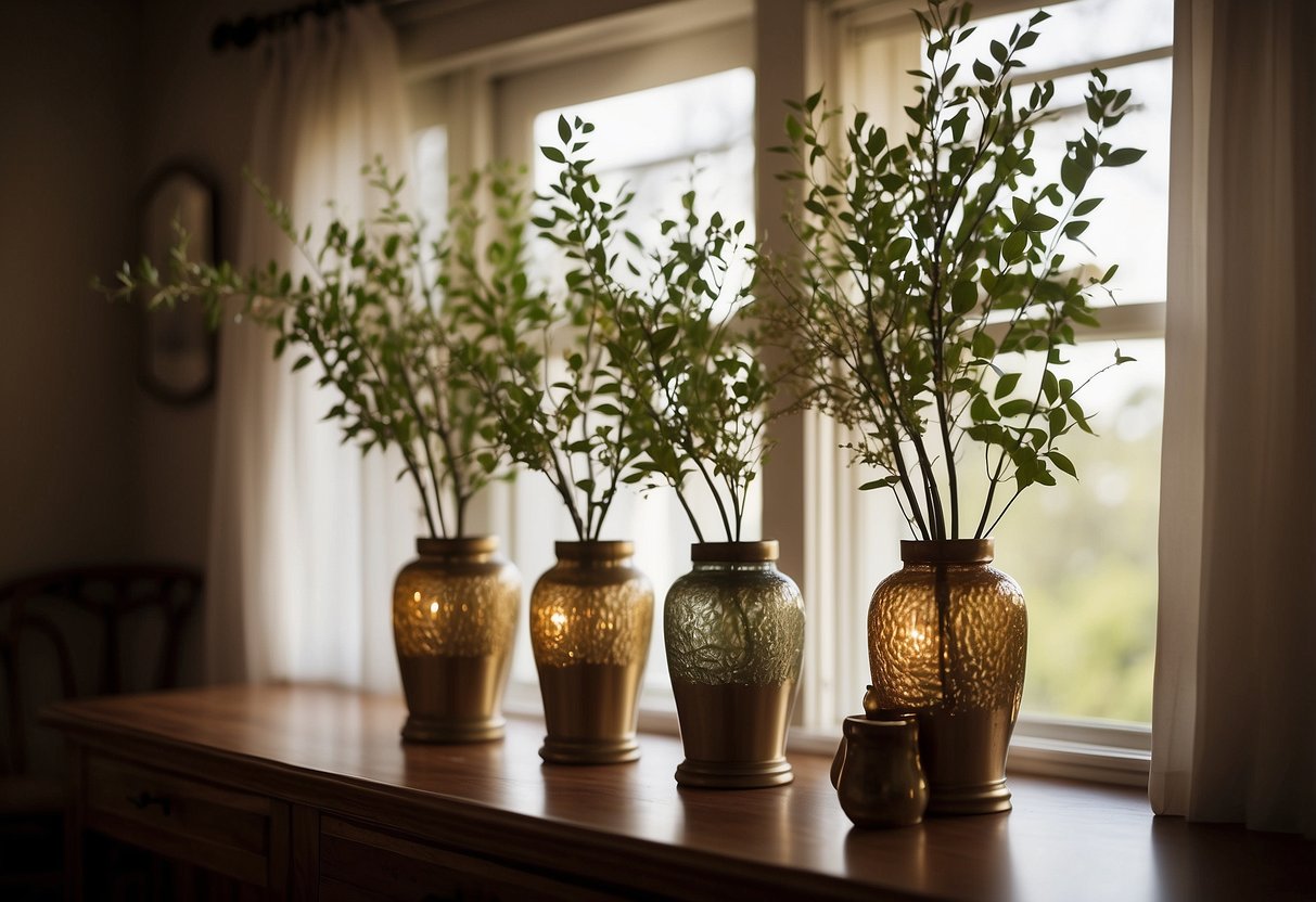 Tree branches arranged in vases and jars, hanging from the ceiling, and used as curtain rods in a cozy living room setting