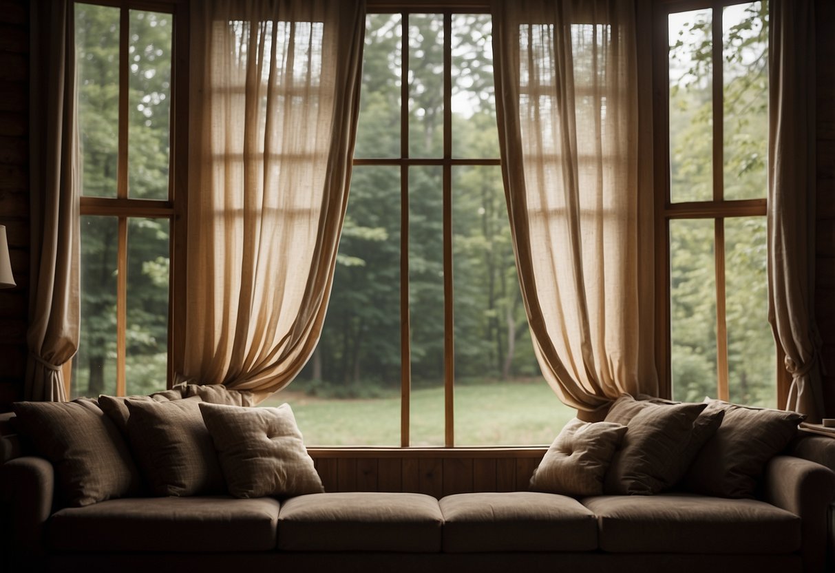 A rustic living room with a large window adorned with a curtain made from tree branches serving as a unique and natural curtain rod