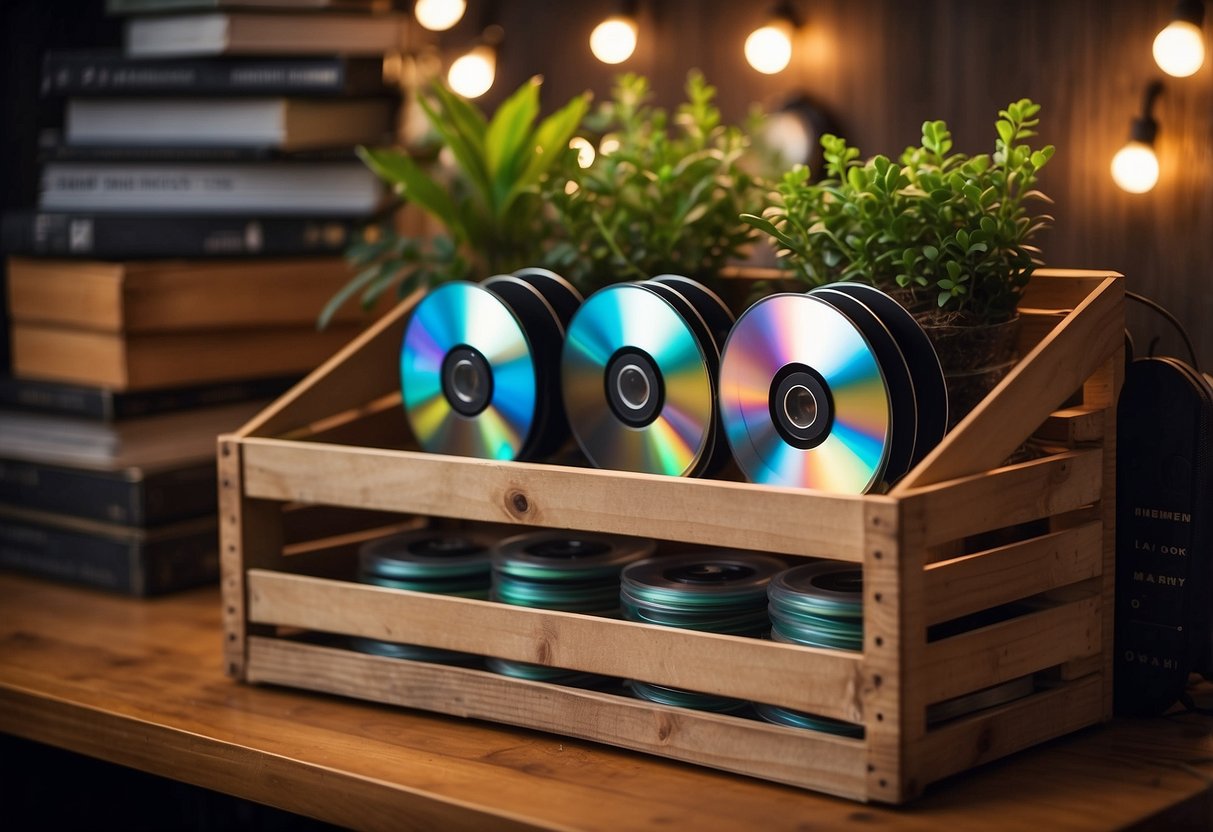 A wooden crate filled with neatly stacked homemade CDs, organized with labeled dividers and surrounded by decorative plants and string lights