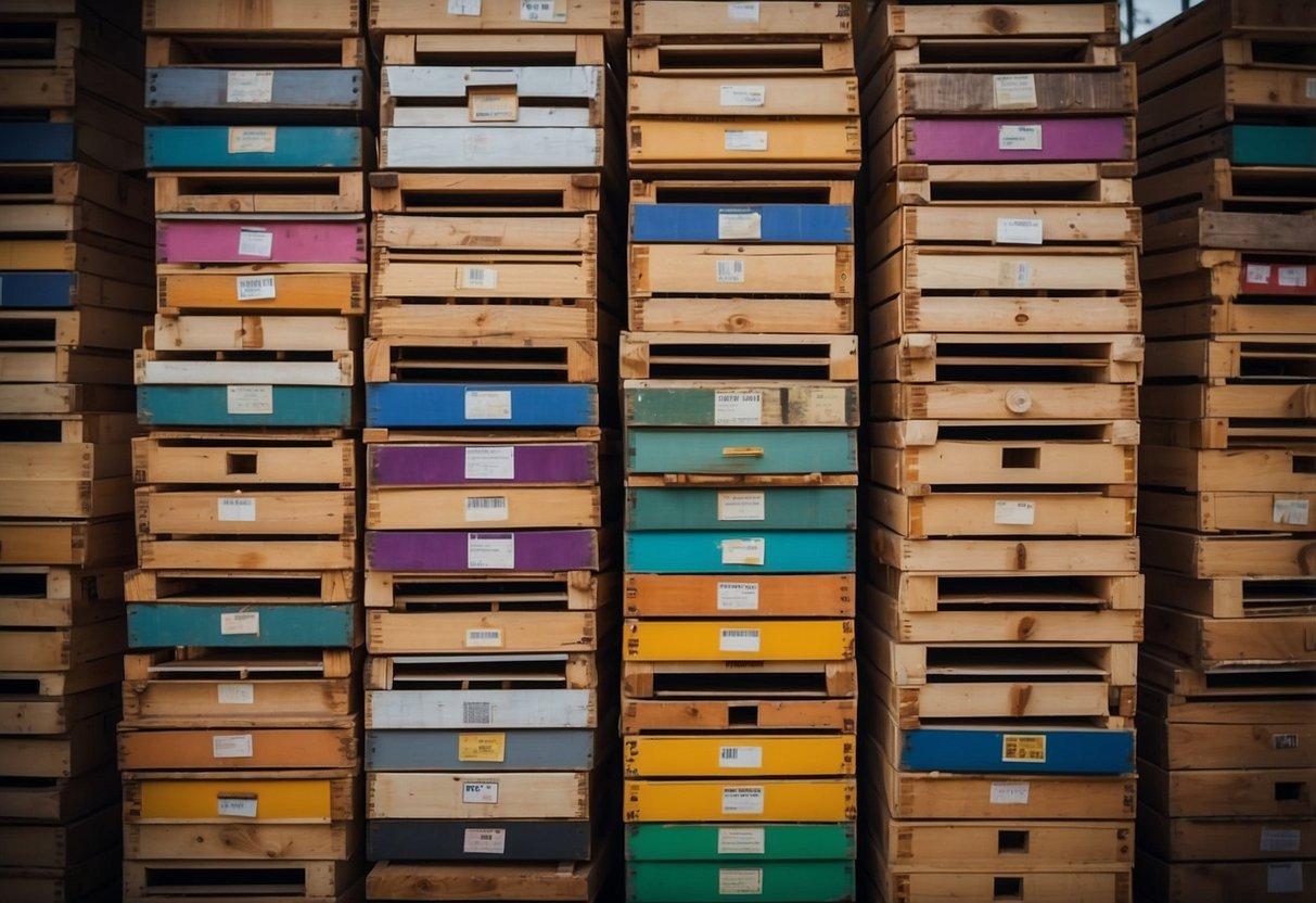 Wooden crates stacked creatively, filled with colorful CDs. Labels and decorations add a personal touch. A cozy, DIY storage solution