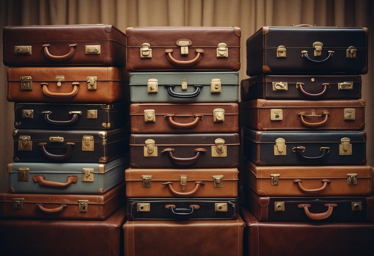 Vintage suitcases stacked on top of each other, open and filled with neatly organized CDs