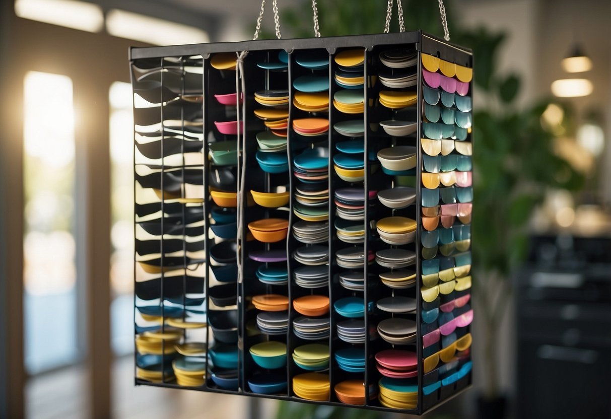 A hanging shoe organizer repurposed to store CDs, filled with colorful discs