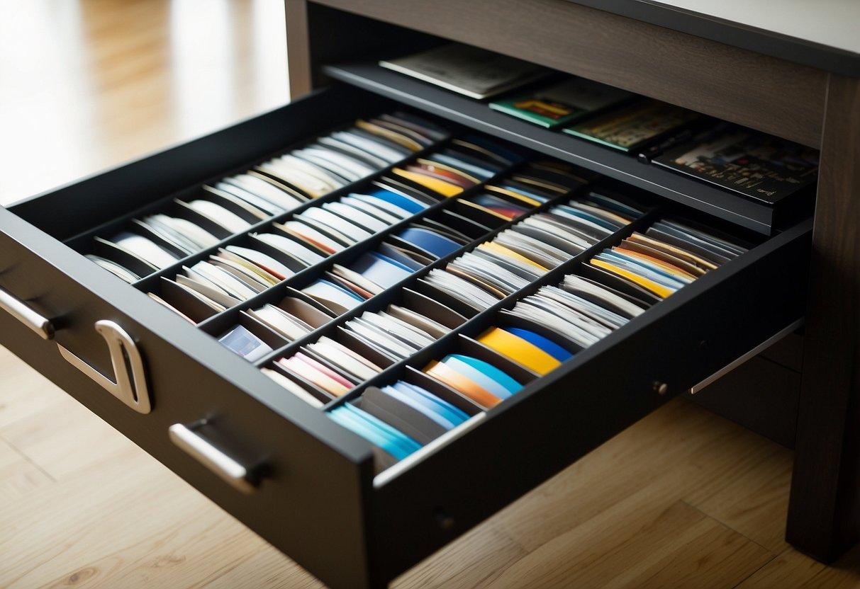 A drawer slides out from under the bed, filled with neatly organized CDs. The homemade storage solution is practical and space-saving