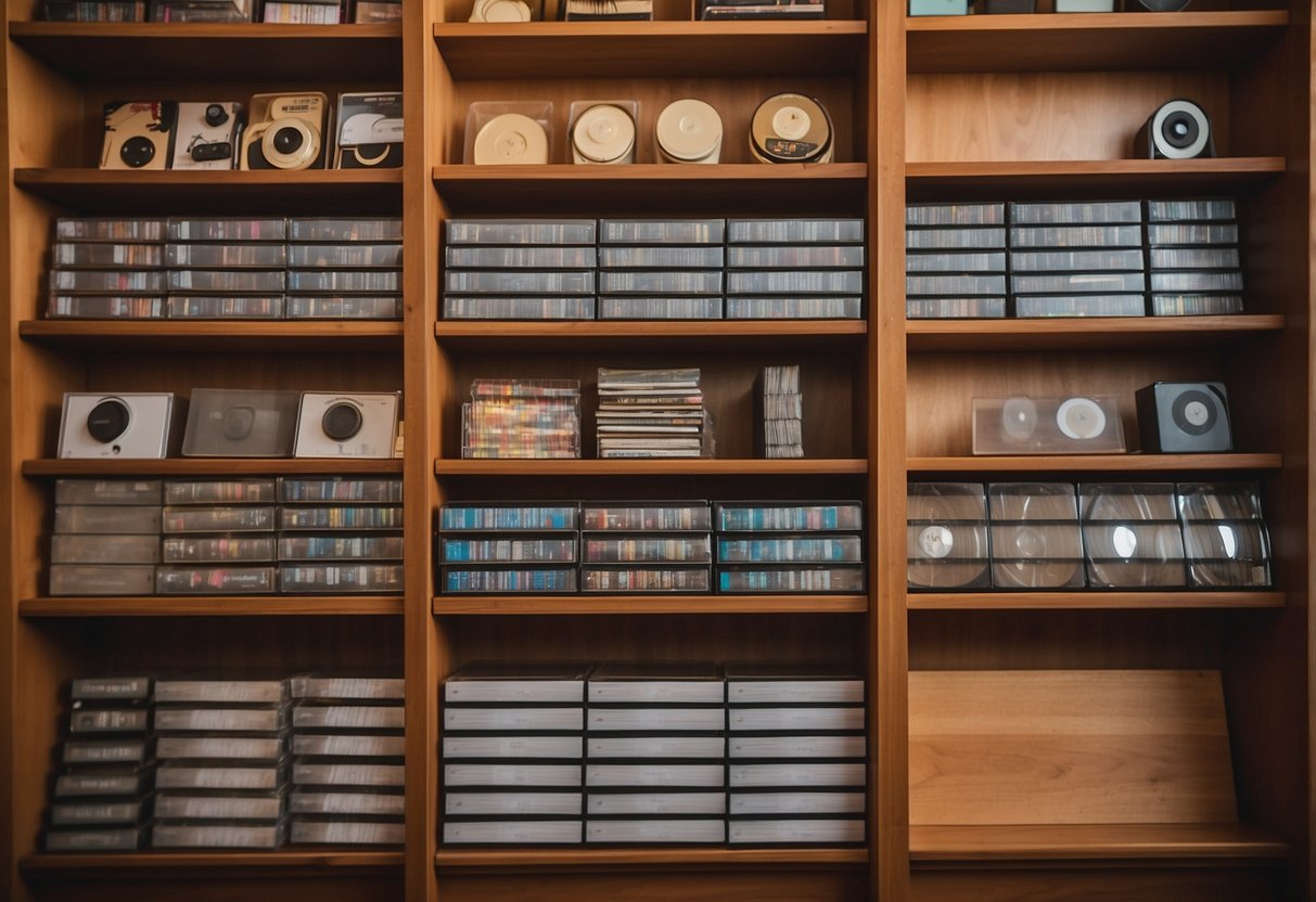 A wooden shelf holds neatly organized rows of homemade CDs, with colorful labels and creative packaging