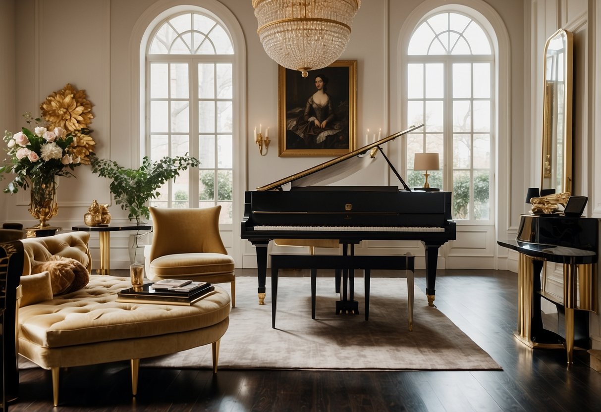 A luxurious living room with modern furniture, statement art pieces, and a grand piano. The walls are adorned with celebrity memorabilia and gold accents