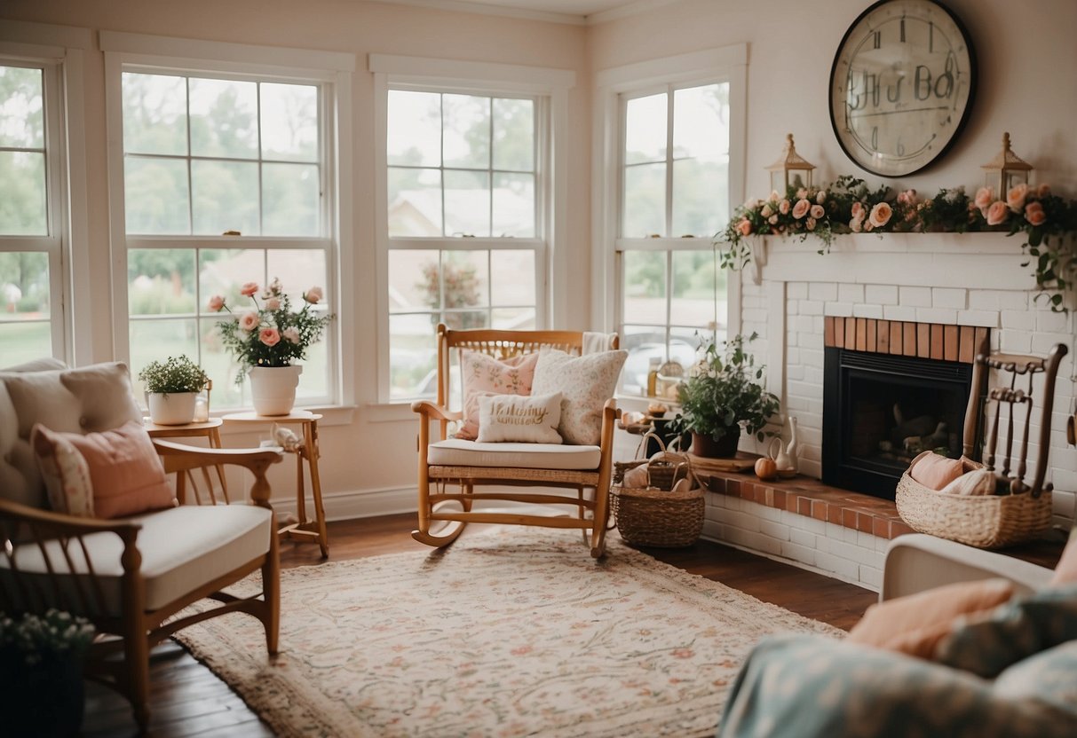 A cozy living room with floral prints, pastel colors, and vintage accents. A welcoming front porch with rocking chairs and a swing. A bright kitchen with farmhouse-style decor and a large family dining table