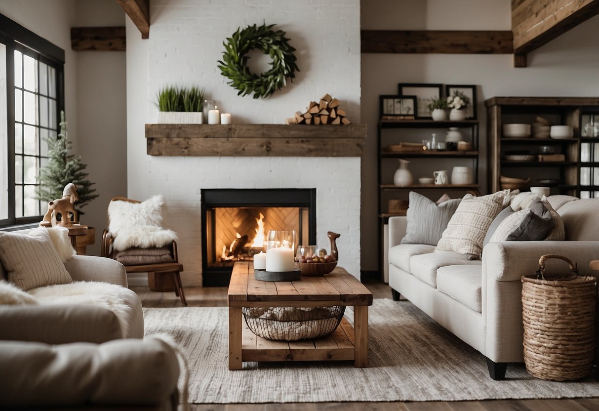 A modern farmhouse living room with neutral tones, cozy textiles, and rustic accents. A fireplace with a reclaimed wood mantel, a plush sectional sofa, and a mix of vintage and contemporary decor pieces