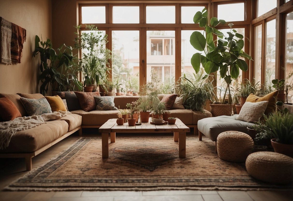 A cozy, earthy living room with floor cushions, Moroccan rugs, and hanging plants. Warm, natural tones and eclectic decor give off a bohemian vibe