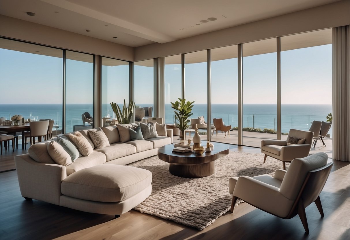 A luxurious coastal home with modern decor, featuring sleek furniture, neutral color palettes, and panoramic ocean views