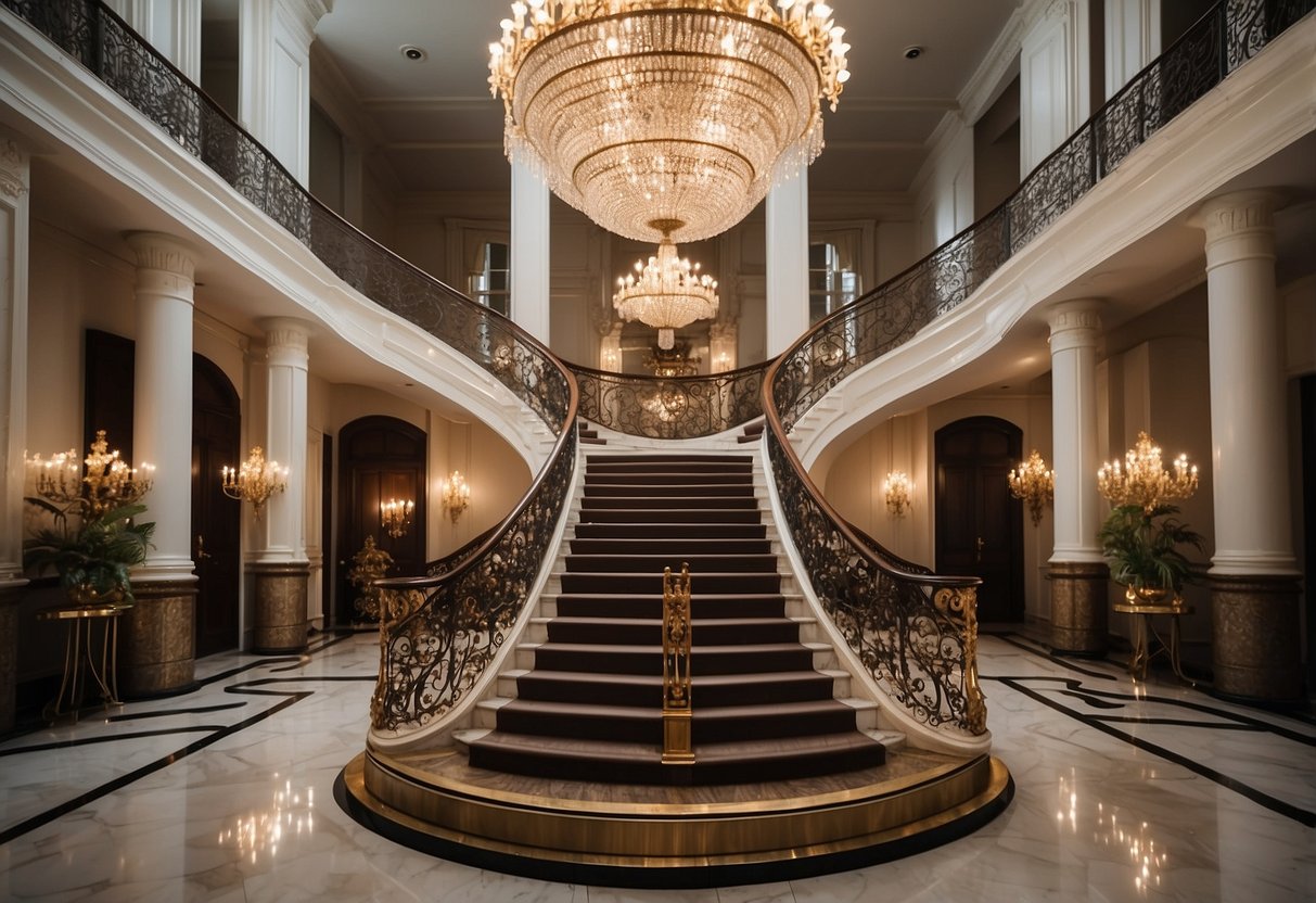 The luxurious living room features opulent chandeliers, velvet upholstered furniture, and gold accents. A grand staircase leads to a second floor adorned with intricate artwork and lavish furnishings