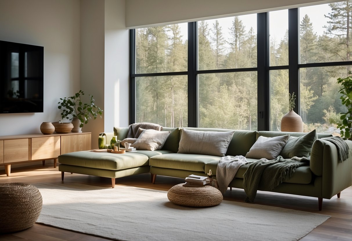 A modern, eco-friendly living room with sustainable furniture, natural materials, and green accents. Large windows let in plenty of natural light, showcasing the minimalist yet elegant design