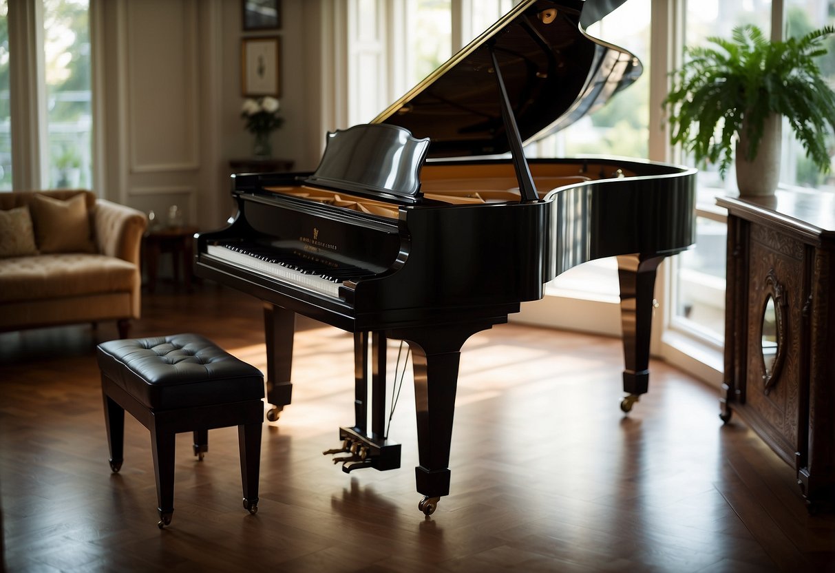 A grand piano sits in a sunlit room, surrounded by elegant furniture and tasteful artwork. The color scheme is a mix of neutral tones and rich, deep hues, exuding an air of classic sophistication