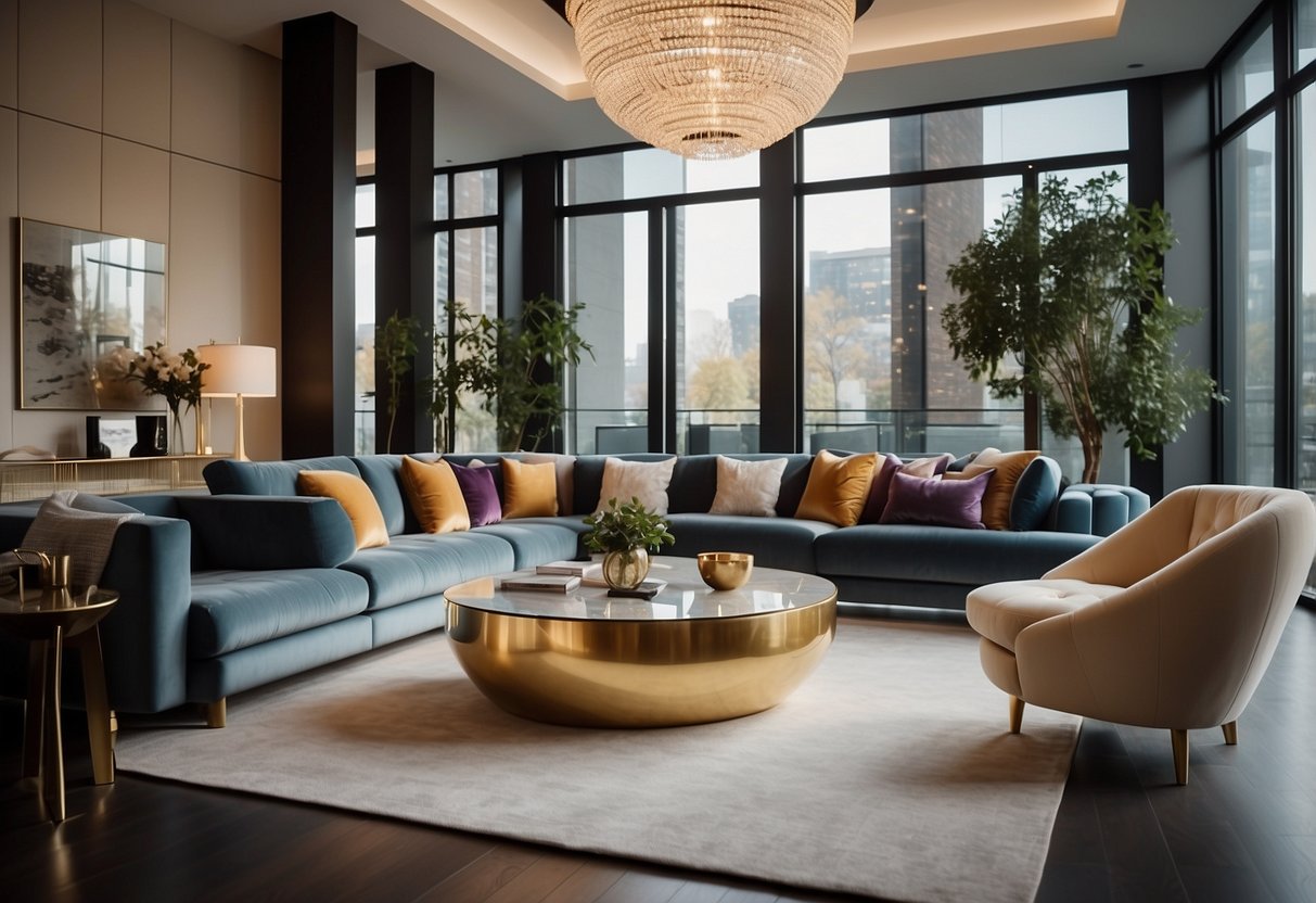 Luxurious furniture, elegant lighting, and modern art adorn the spacious living room. A sleek, minimalist design with pops of color creates a chic and sophisticated atmosphere