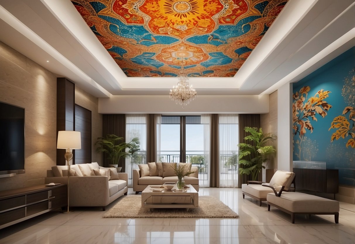 A room with a decorative ceiling wallpaper featuring intricate patterns and vibrant colors, adding a touch of elegance to the home decor