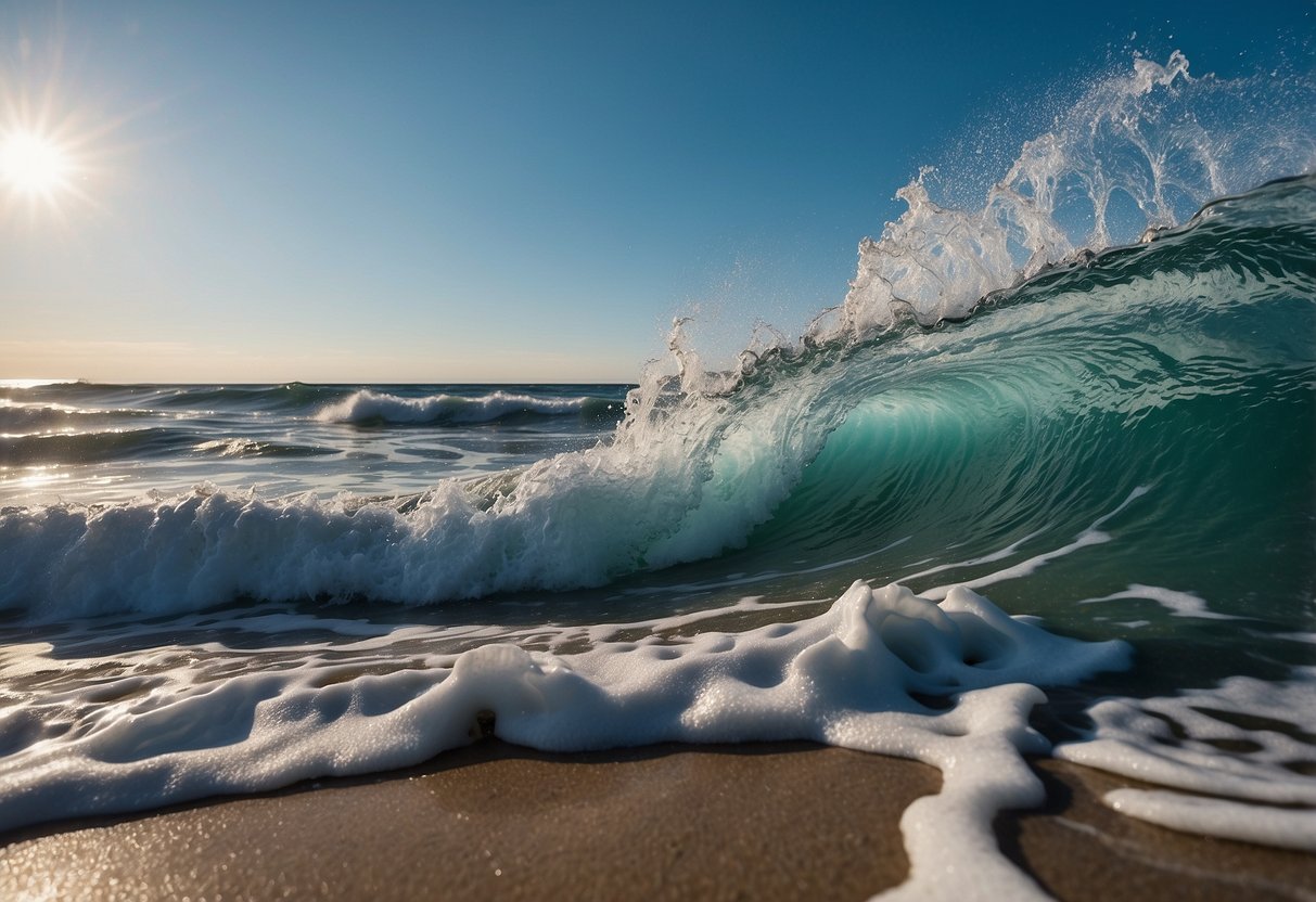 The ocean waves crash against the shore under a clear blue sky, creating a serene and calming scene for a wallpaper design