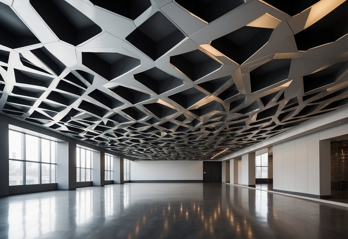 A sleek, modern ceiling adorned with metallic geometric shapes in a minimalist design