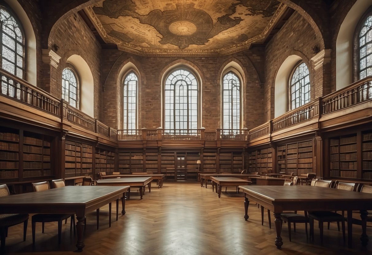 A grand library with a high ceiling, adorned with a vintage world map wallpaper, creating a sense of adventure and exploration