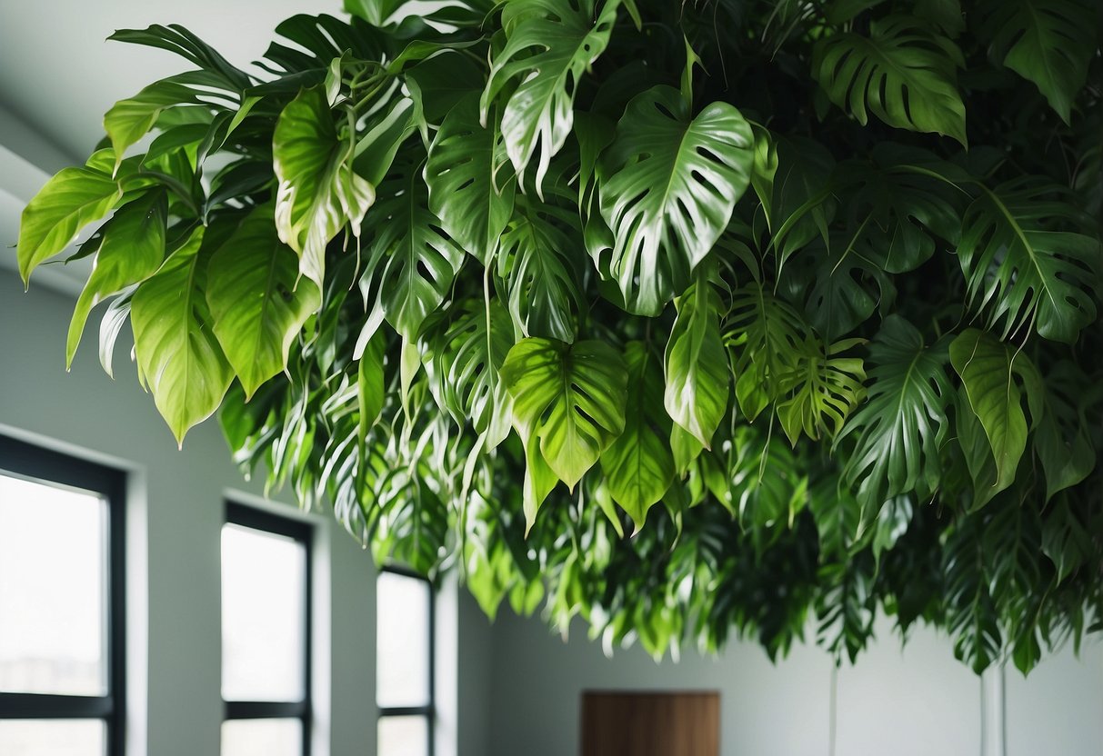 Lush green tropical leaves cascade across a white ceiling, creating a vibrant and refreshing atmosphere for home decor