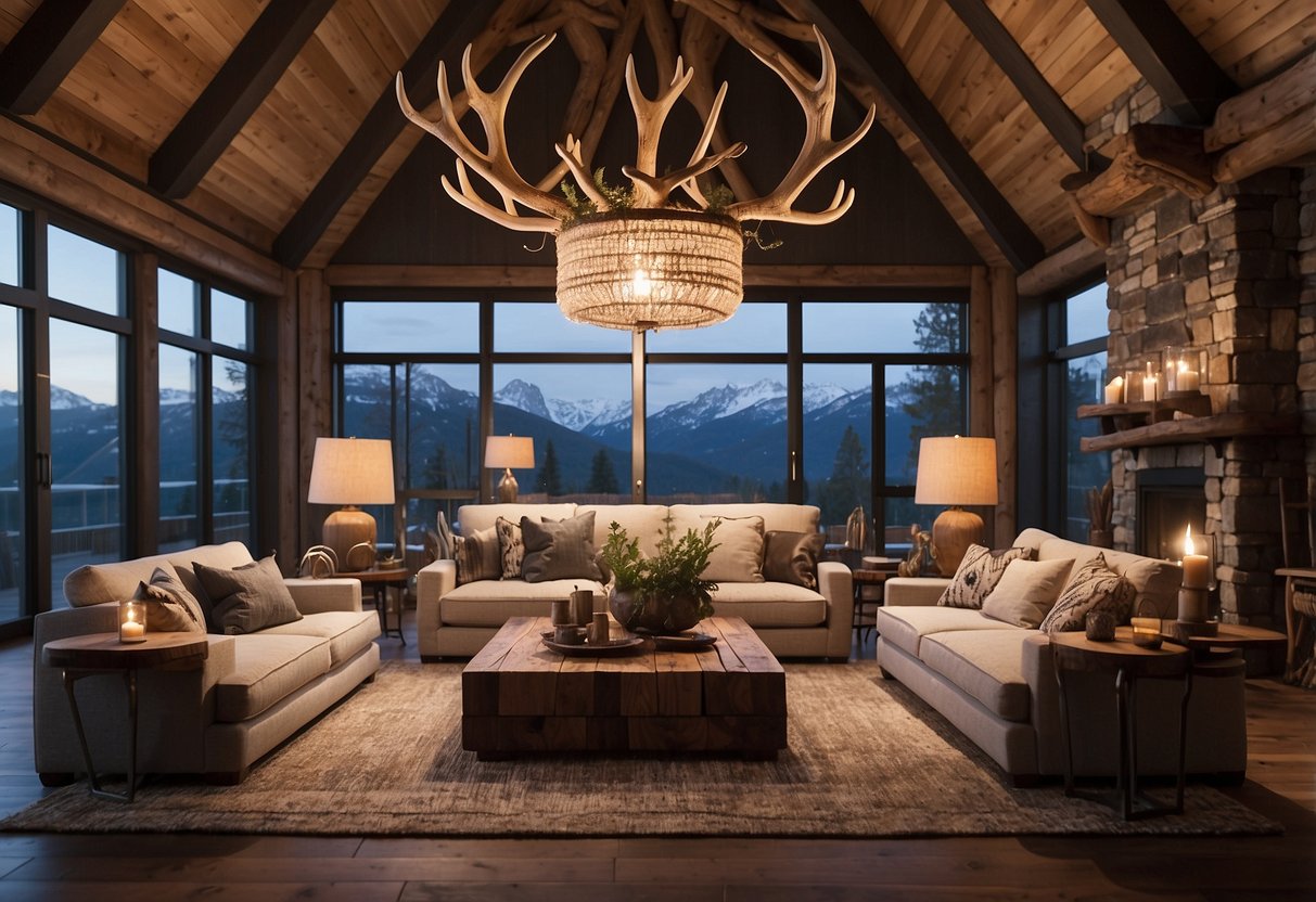 A rustic living room with deer antler chandeliers, wall-mounted antlers, and antler candle holders on a wooden table