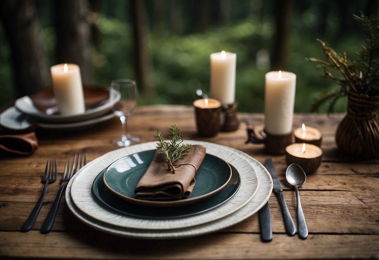 A rustic dining table set with antler-handled cutlery, surrounded by woodland-themed decor