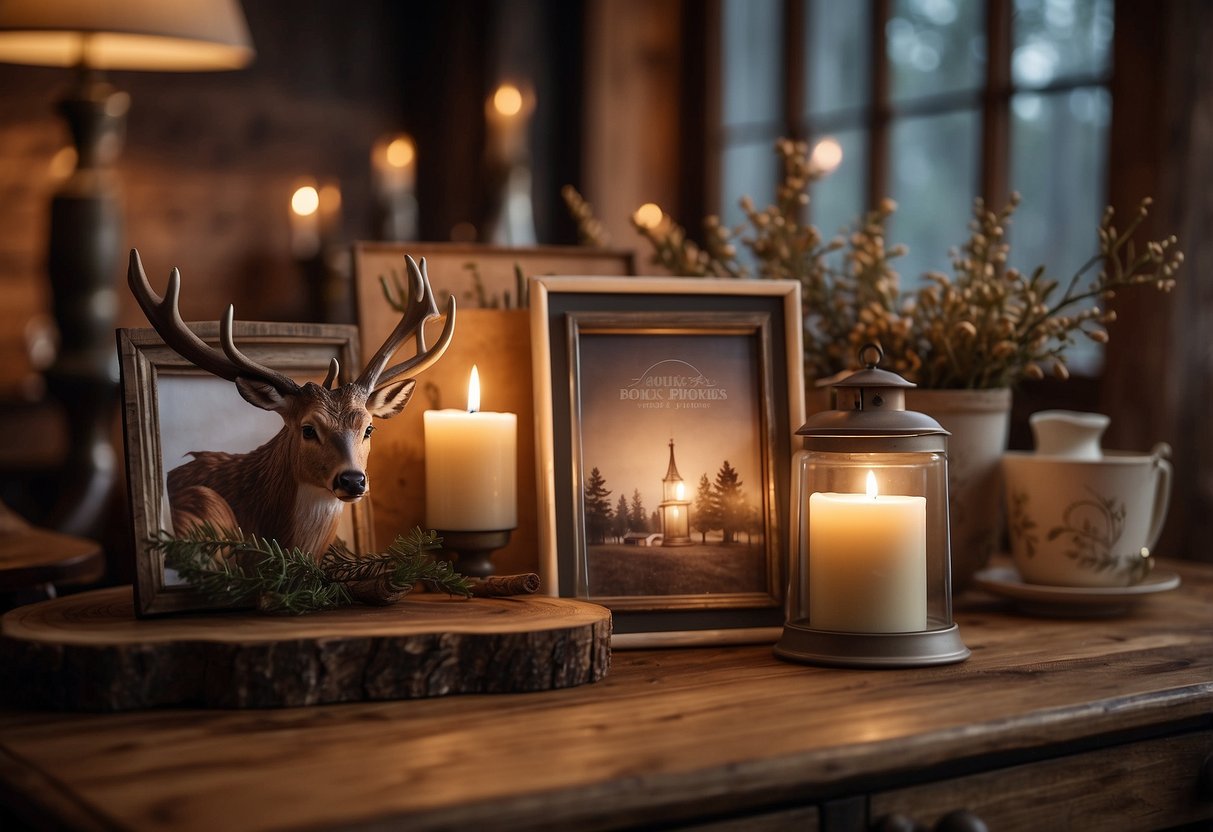 A rustic wooden table with a deer antler picture frame, surrounded by cozy home decor items like candles and a vintage lamp