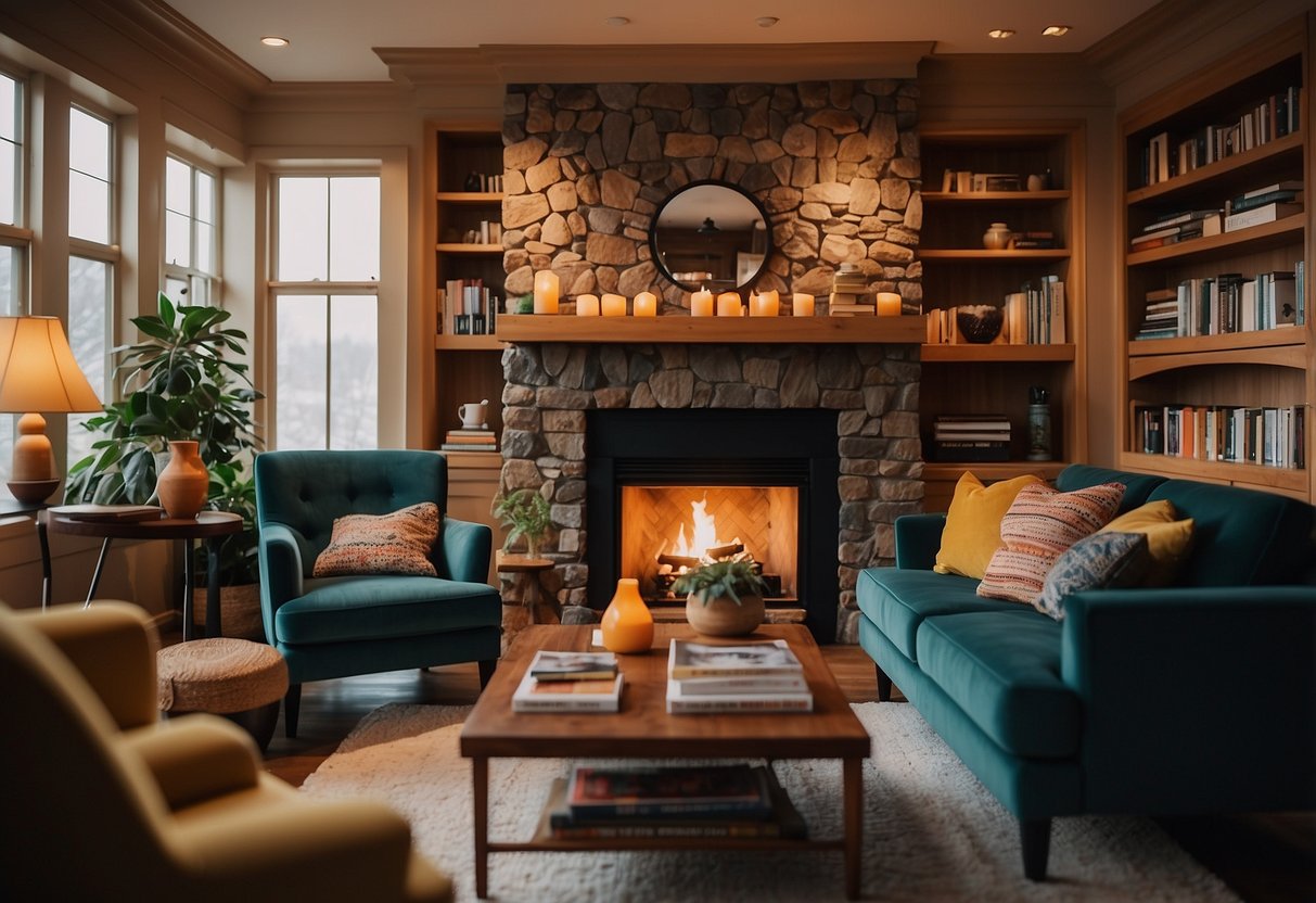 A cozy living room with a bookshelf filled with colorful books, a comfortable couch, and a warm fireplace as the focal point