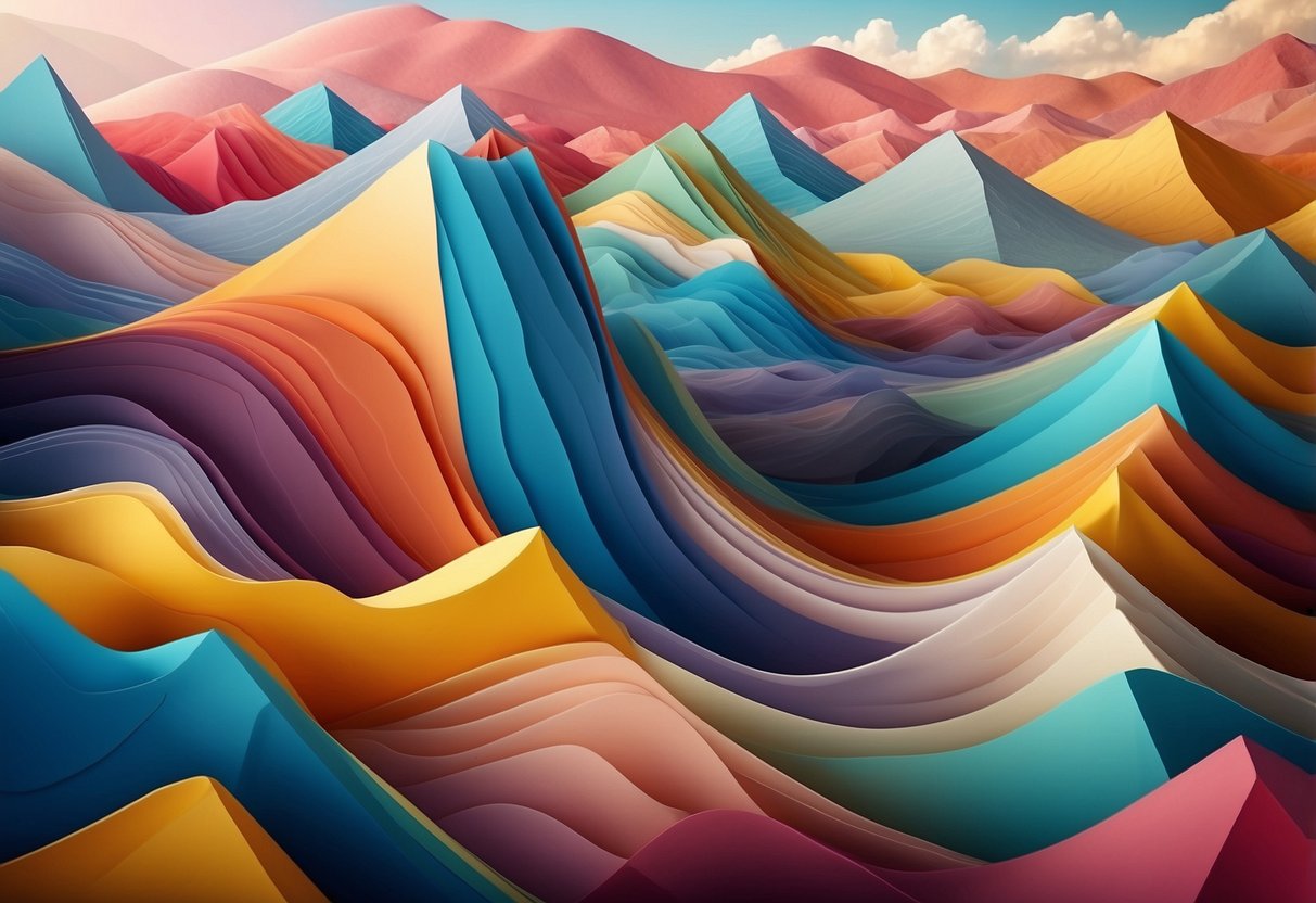 Vibrant, colorful mountains with flowing lines and geometric shapes, set against a soft, pastel background