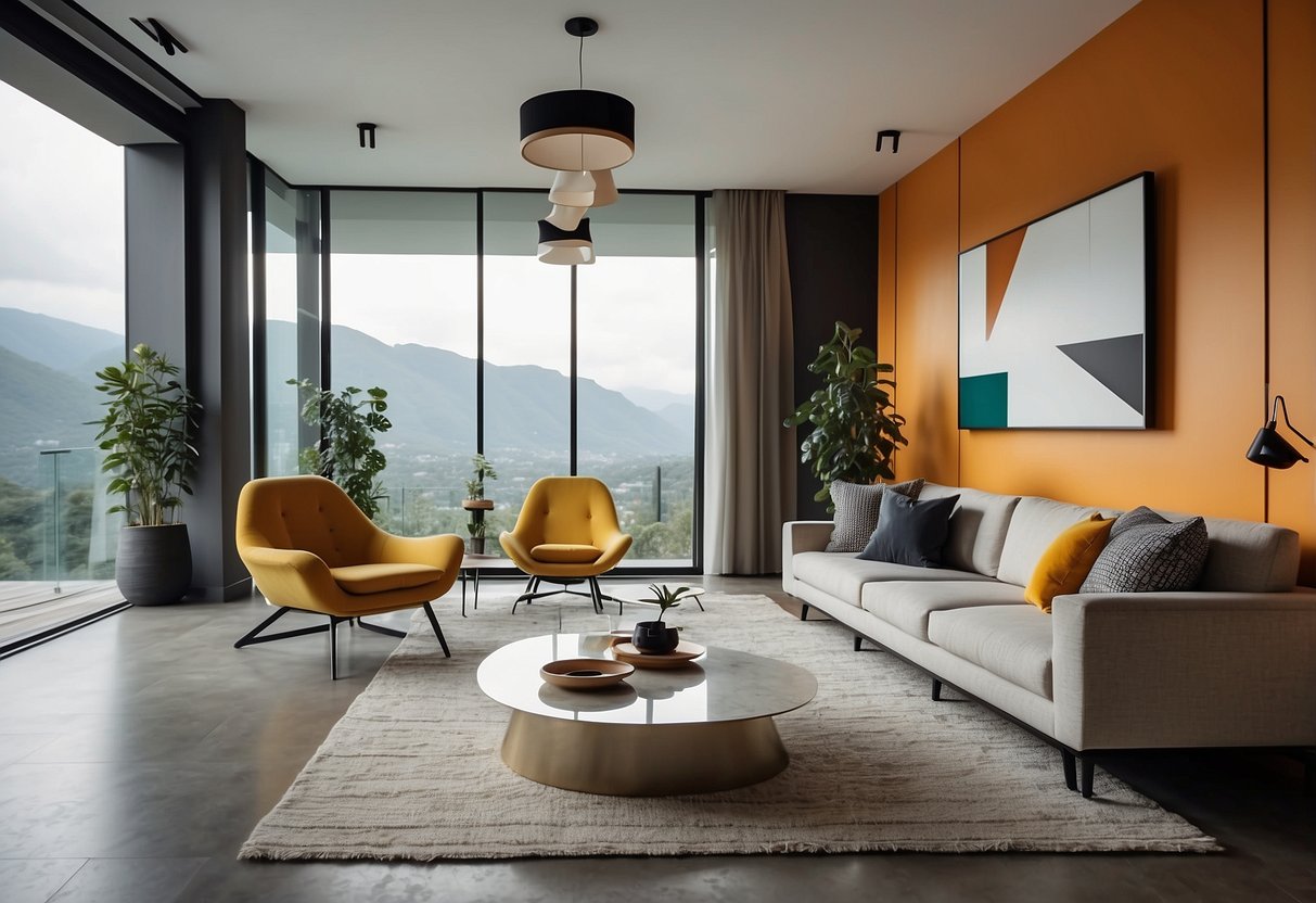 A sleek, modern living room with clean lines and minimalist furniture. Geometric shapes in bold colors adorn the walls, creating a striking focal point