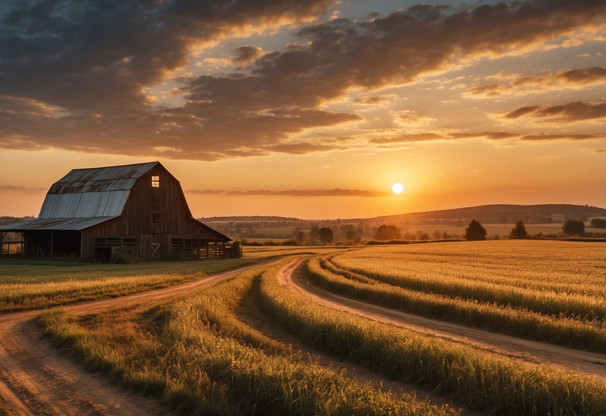 A rustic farmhouse barn stands tall against a golden sunset, surrounded by rolling fields and a winding dirt road