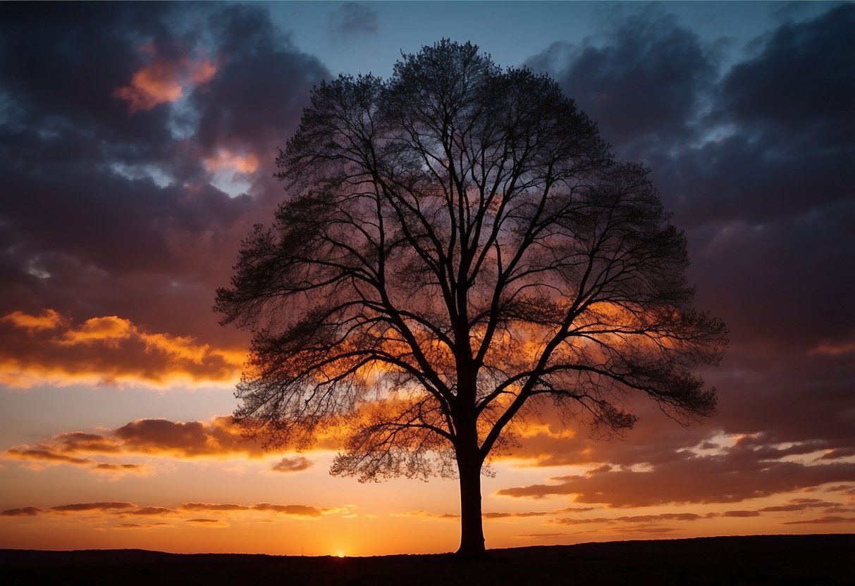 A lone tree stands against the fiery sunset, casting a striking silhouette against the colorful sky