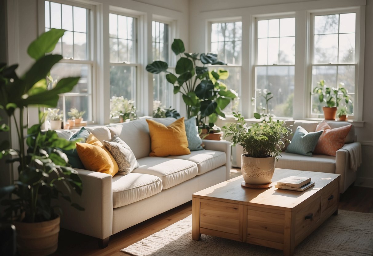 A bright, airy living room with colorful throw pillows, potted plants, and natural light streaming in through open windows