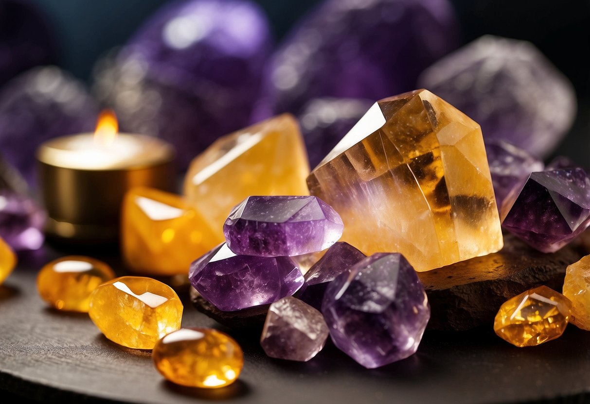 Vibrant crystals, Amethyst and Citrine, adorn a tranquil living space, radiating positive energy