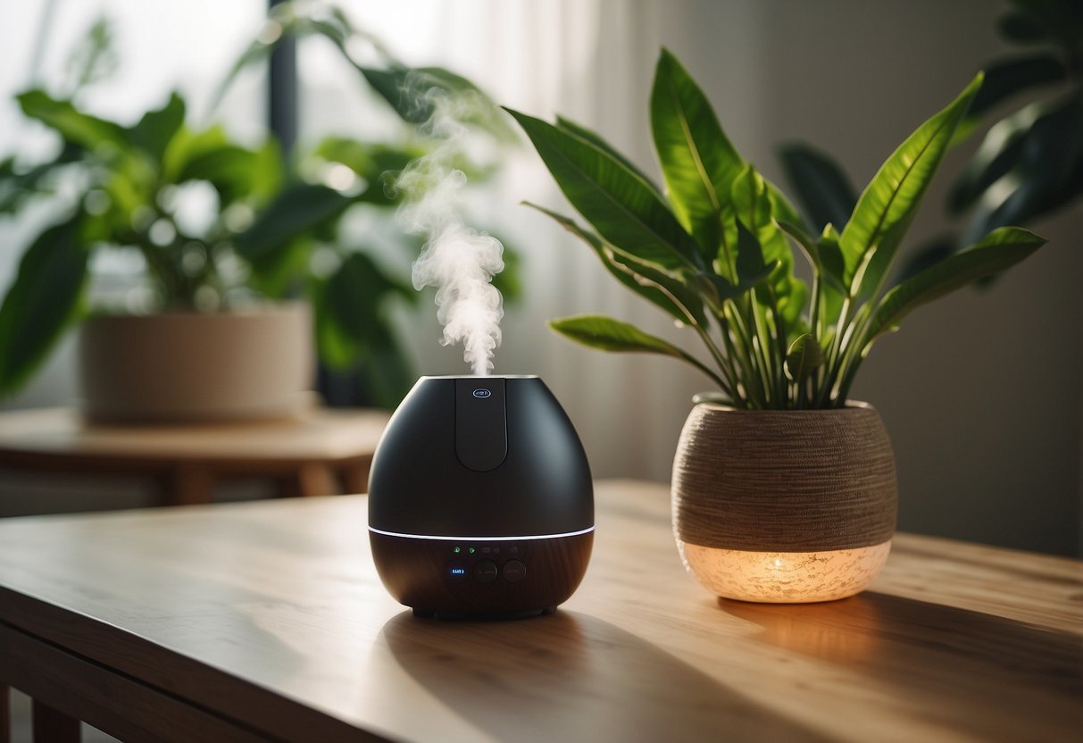 A cozy living room with a soft glow from natural light, featuring a stylish essential oil diffuser surrounded by green plants and calming decor