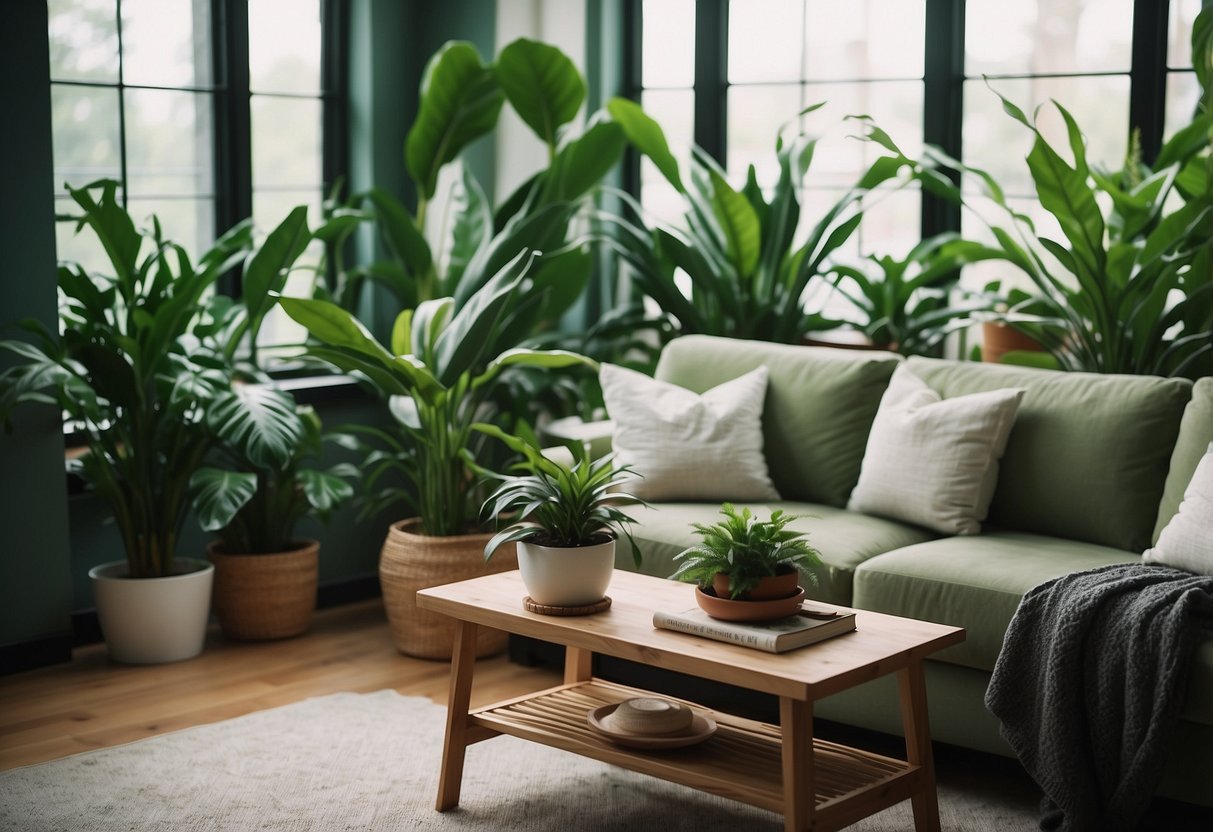 A cozy living room with a large window, filled with lush green peace lilies and other indoor plants. The natural light creates a serene and positive energy in the space, making it a perfect home decor idea