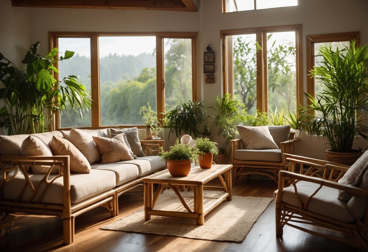 A cozy living room with bamboo furniture, potted plants, and natural light streaming in through the windows. A serene and eco-friendly atmosphere